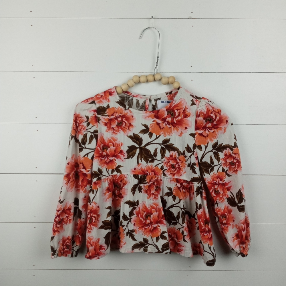 Old Navy girls size 5T flowy large floral gathered sleeve blouse red orange